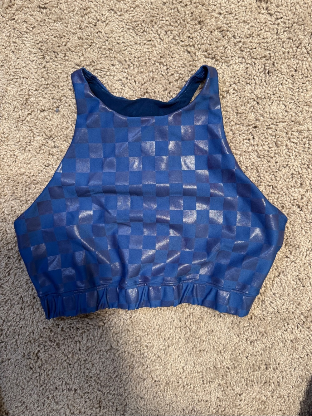 Peloton Show Up High Neck Sports Bra Blue Checkered Foil Size Large L